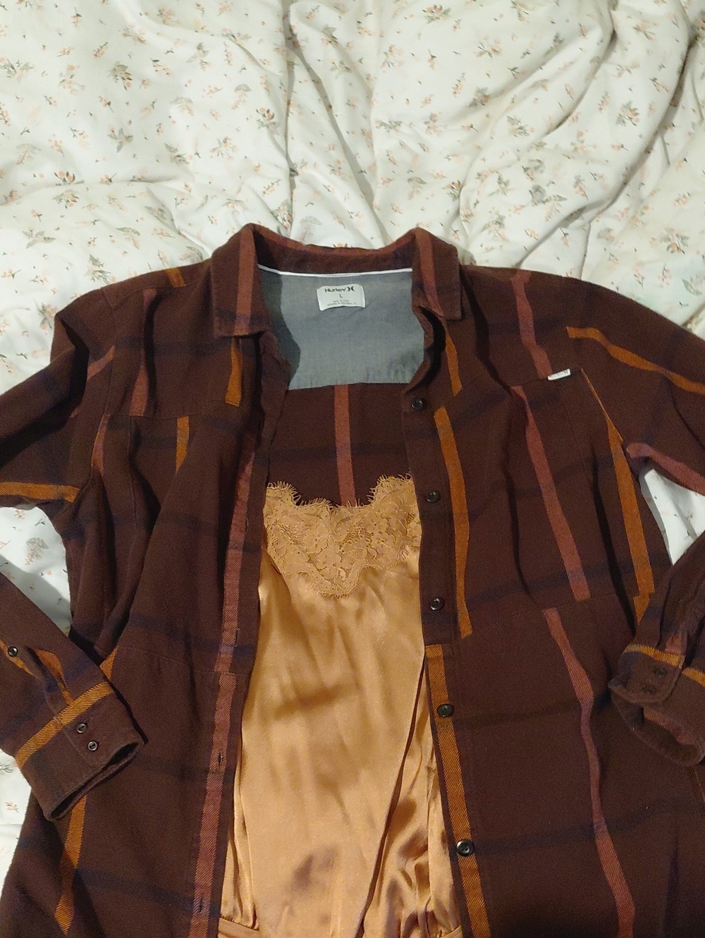 Hurley Brown Plaid Lightweight Shirt Jacket with Orange Stripes